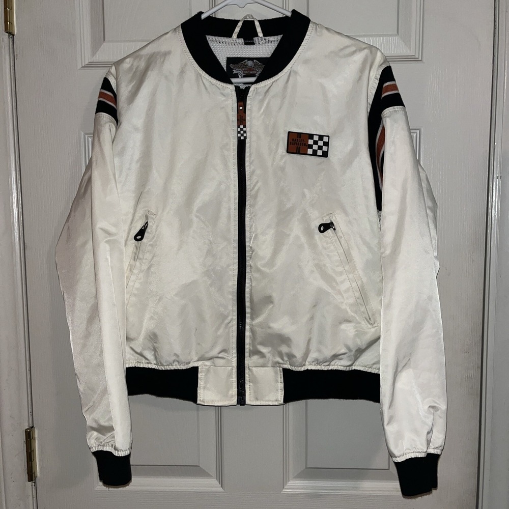 Vintage Harley Davidson Jacket Women Medium White Nylon Bomber Motorcycle USA 90
